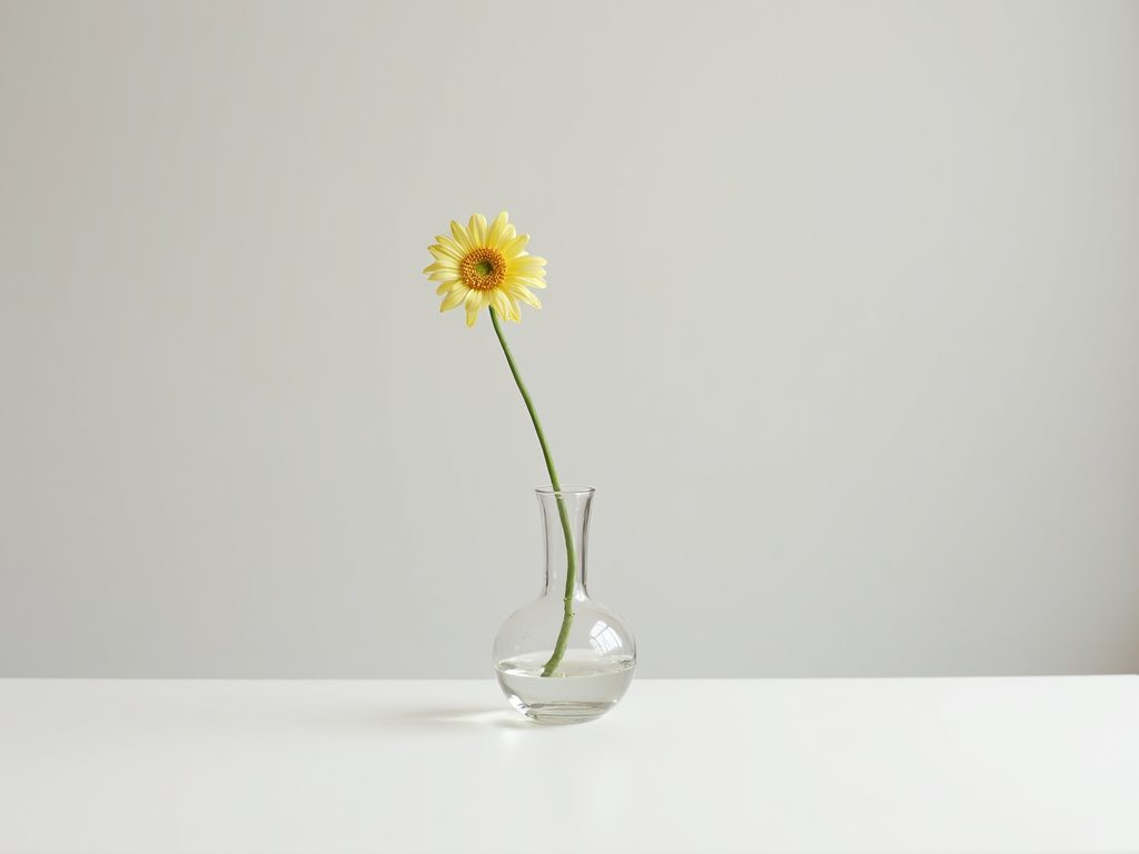 Ein minimalistisches Stillleben mit einer einzelnen Blume in einer klaren Vase, das die Eleganz der Einfachheit zeigt.