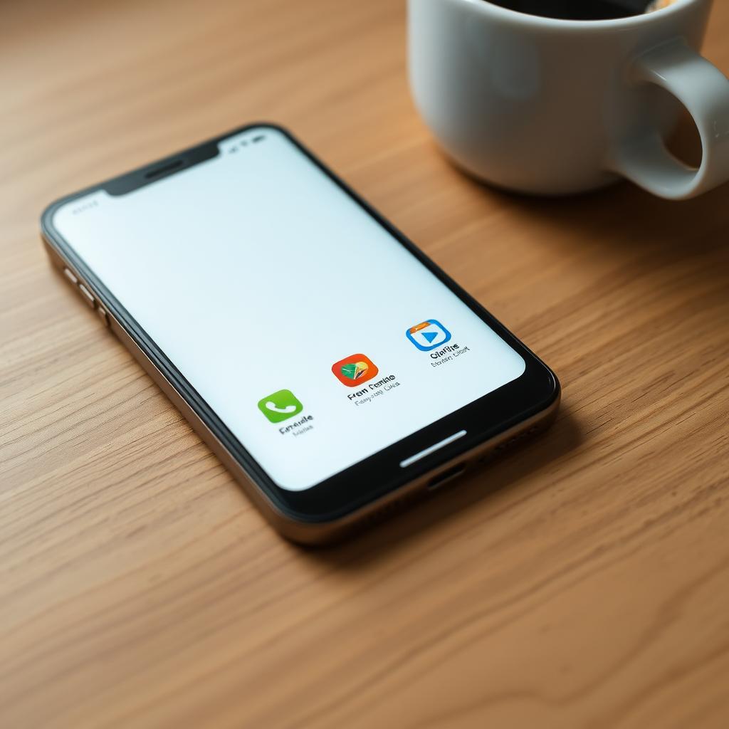 Ein Smartphone-Bildschirm mit wenigen essentiellen Apps, ordentlich angeordnet, auf einem minimalistischen Holztisch neben einer Tasse Kaffee.
