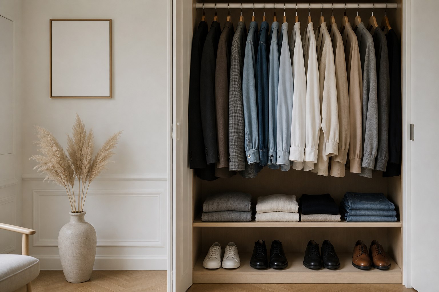 Aufgeräumter Kleiderschrank im Minimalismus Mode – Ordnung und Freiheit