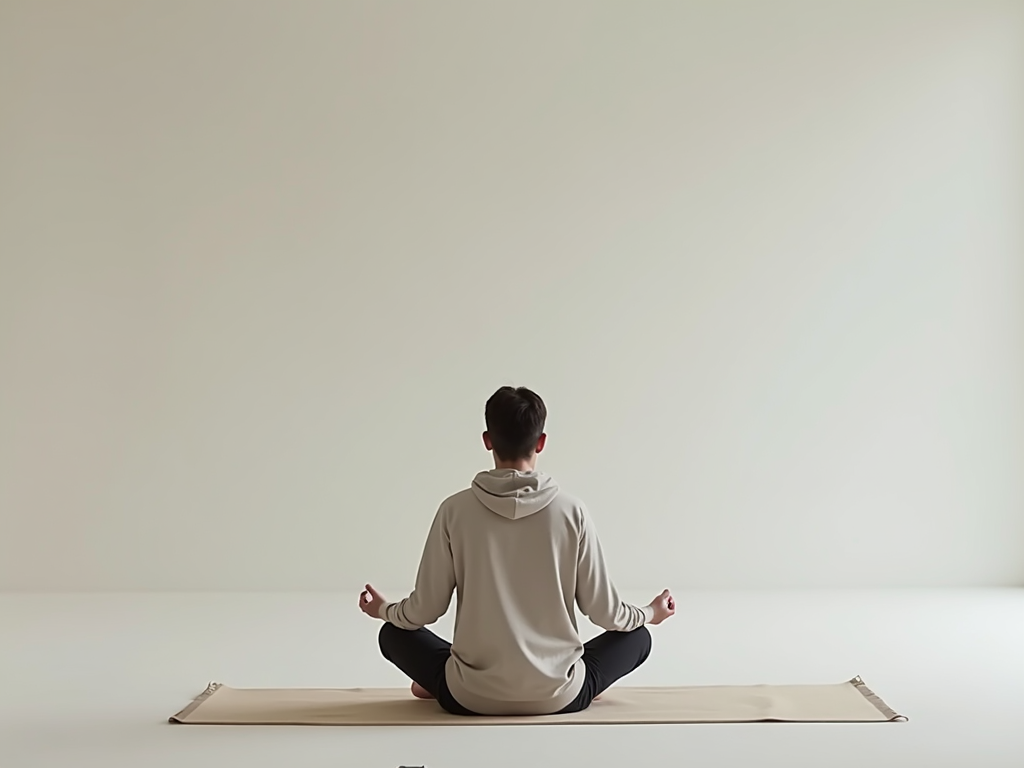 Eine Person, die in einer minimalistischen Umgebung meditiert, umgeben von Ruhe und Einfachheit.