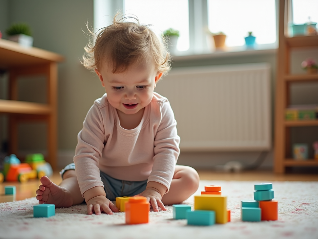 Ein Kind spielt konzentriert mit ausgewähltem Spielzeug in einem aufgeräumten Zimmer