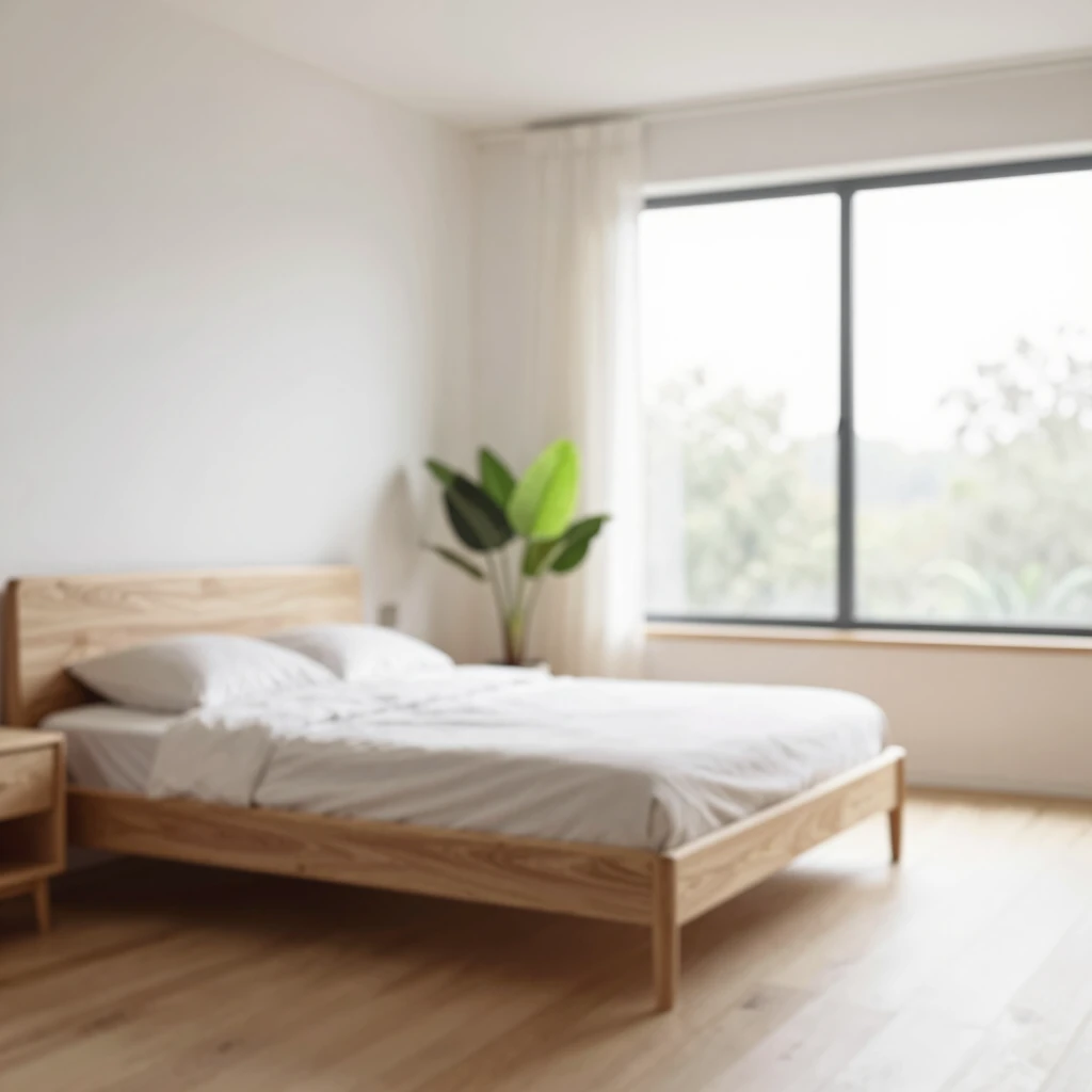 Ruhiges, minimalistisches Schlafzimmer mit natürlichem Licht und wenigen Möbeln nach KonMari