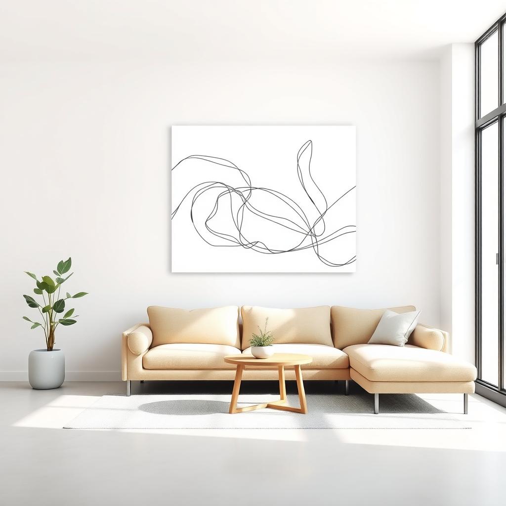 Minimalistisches Wohnzimmer mit einem großen, abstrakten Schwarz-Weiß-Linienkunstwerk an einer weißen Wand, einem beigen Sofa, einem kleinen Holztisch und einer Topfpflanze.