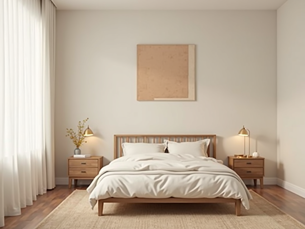 Gemütliches minimalistisches Schlafzimmer mit Bett, Nachttisch und einem Kunstwerk an der Wand