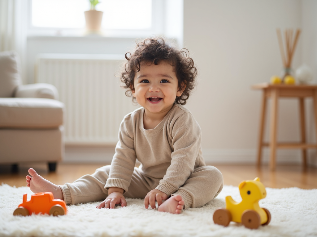 Kind spielt in einem minimalistischen Zimmer