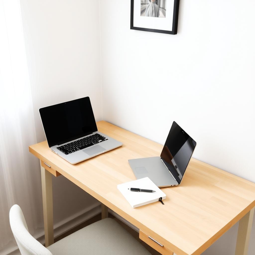 Ein aufgeräumter Schreibtisch mit einem Laptop, einem Notizbuch und einem Stift vor einer weißen Wand mit einem gerahmten Bild.