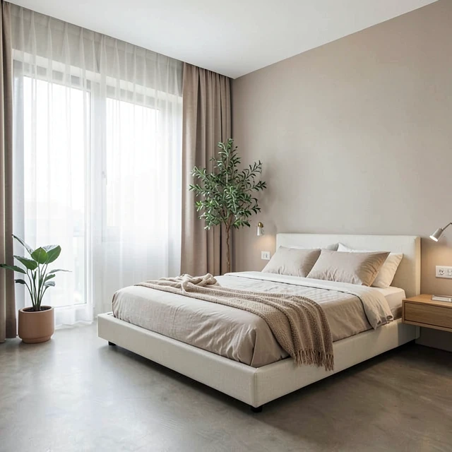 Modernes minimalistisches Schlafzimmer mit neutralen Farben und klaren Linien