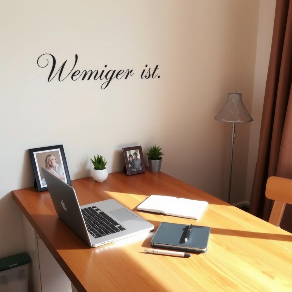 Ein minimalistisches Homeoffice mit einem Zitat an der Wand