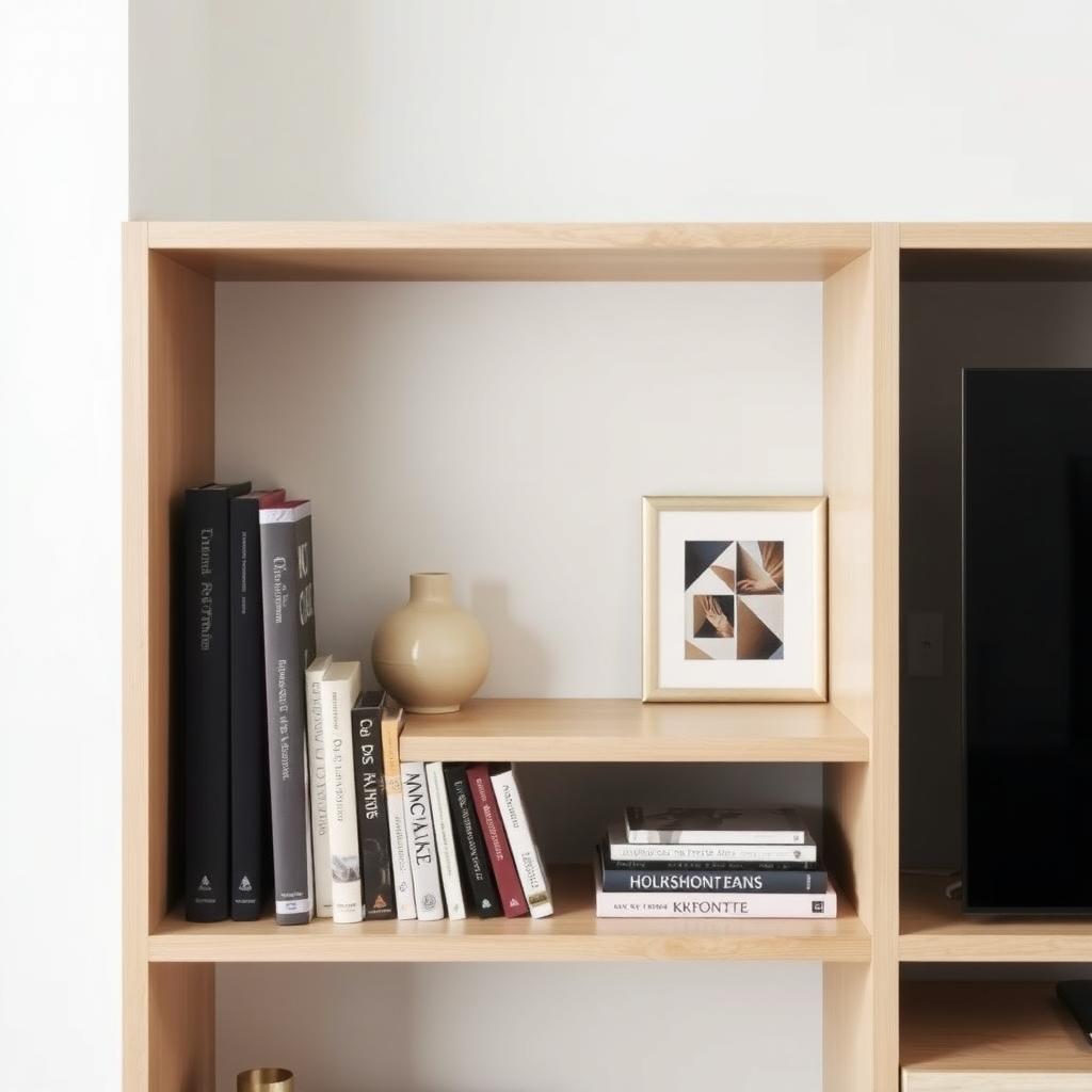 Ein minimalistisches Bücherregal aus hellem Holz mit wenigen ausgewählten Büchern, einer kleinen Keramikvase und einem gerahmten Foto vor einer weißen Wand.