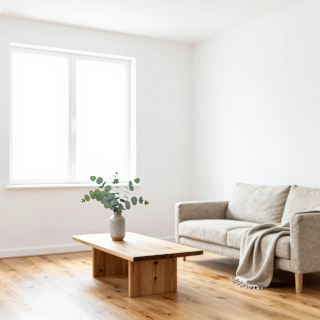 Minimalistisches Wohnzimmer mit natürlichem Licht und einfachen Elementen