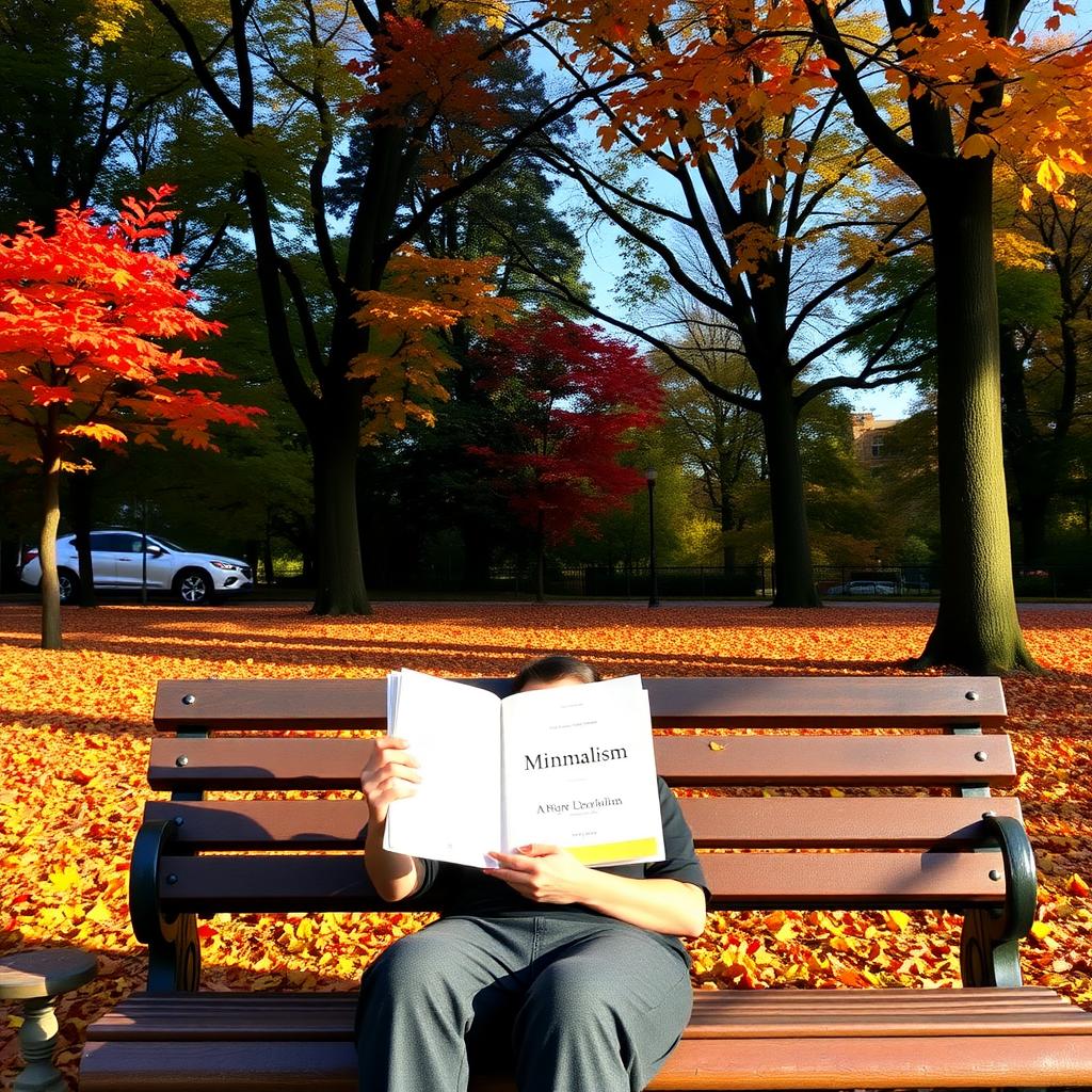 Eine Person sitzt auf einer Parkbank und liest ein Buch über Minimalismus, umgeben von Herbstbäumen mit bunten Blättern.