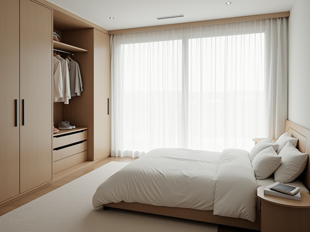 Ein minimalistisches Schlafzimmer mit einem aufgeräumten Bett und einer kleinen Garderobe.