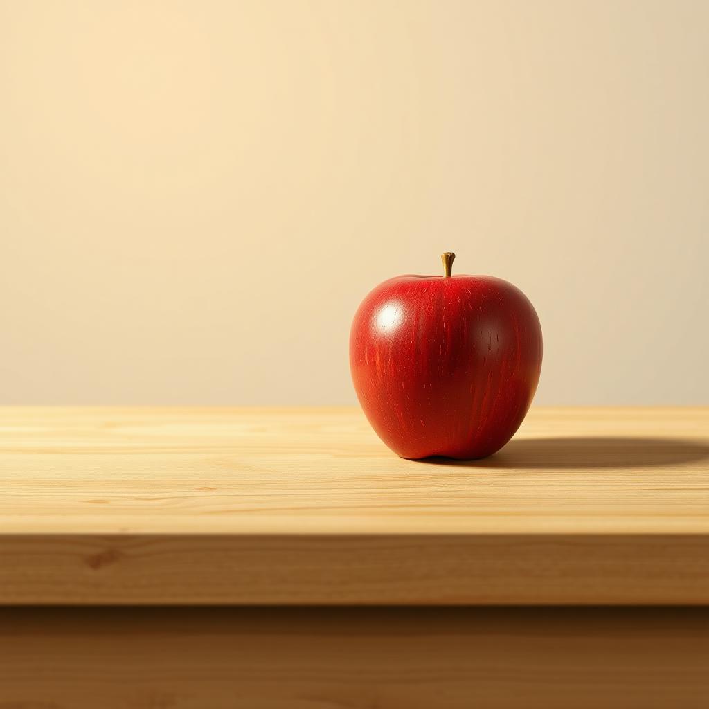 Ein minimalistisches Foto eines roten Apfels auf einem hölzernen Tisch mit einer neutralen, verschwommenen Wand im Hintergrund.