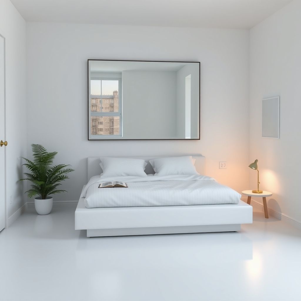 Ruhiges minimalistisches Schlafzimmer in kleiner Wohnung mit Spiegel und Pflanze