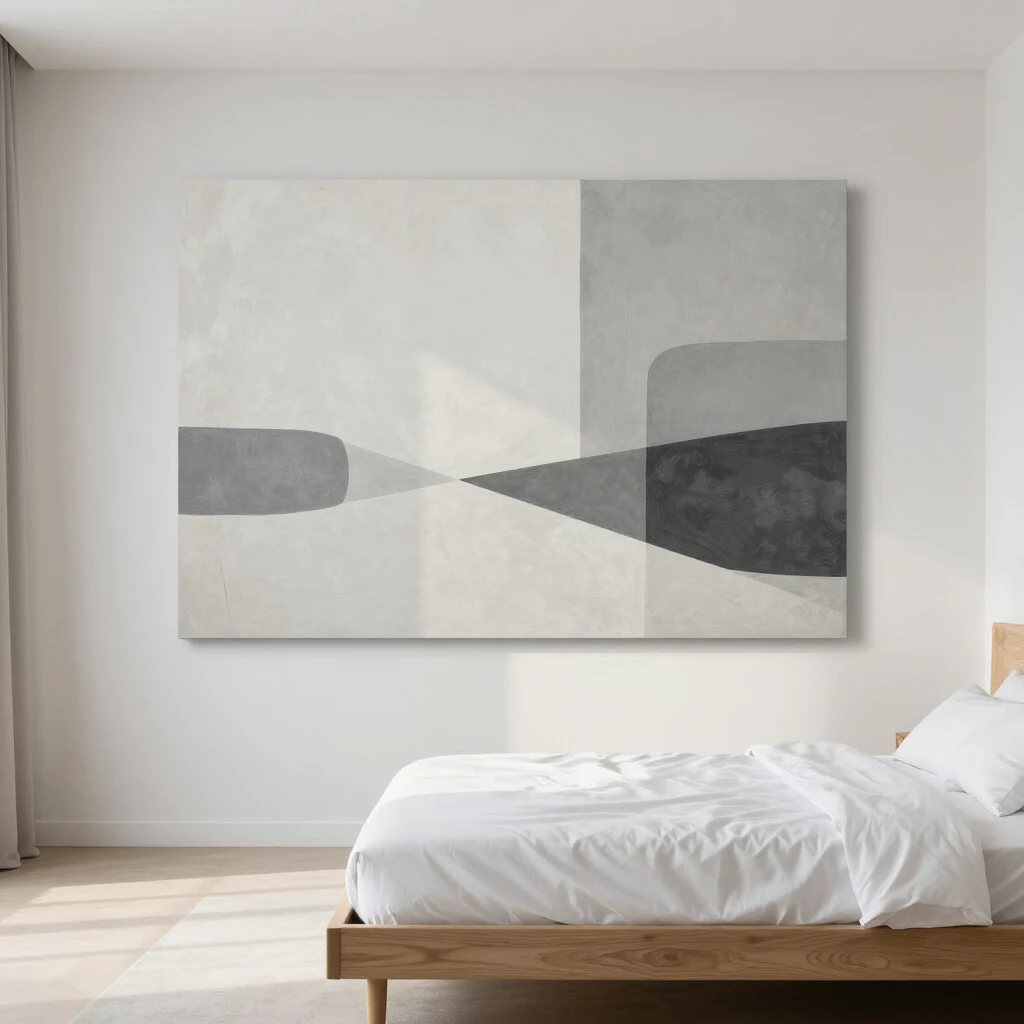Minimalistisches Schlafzimmer mit abstraktem Wandbild in Grautönen über dem Bett