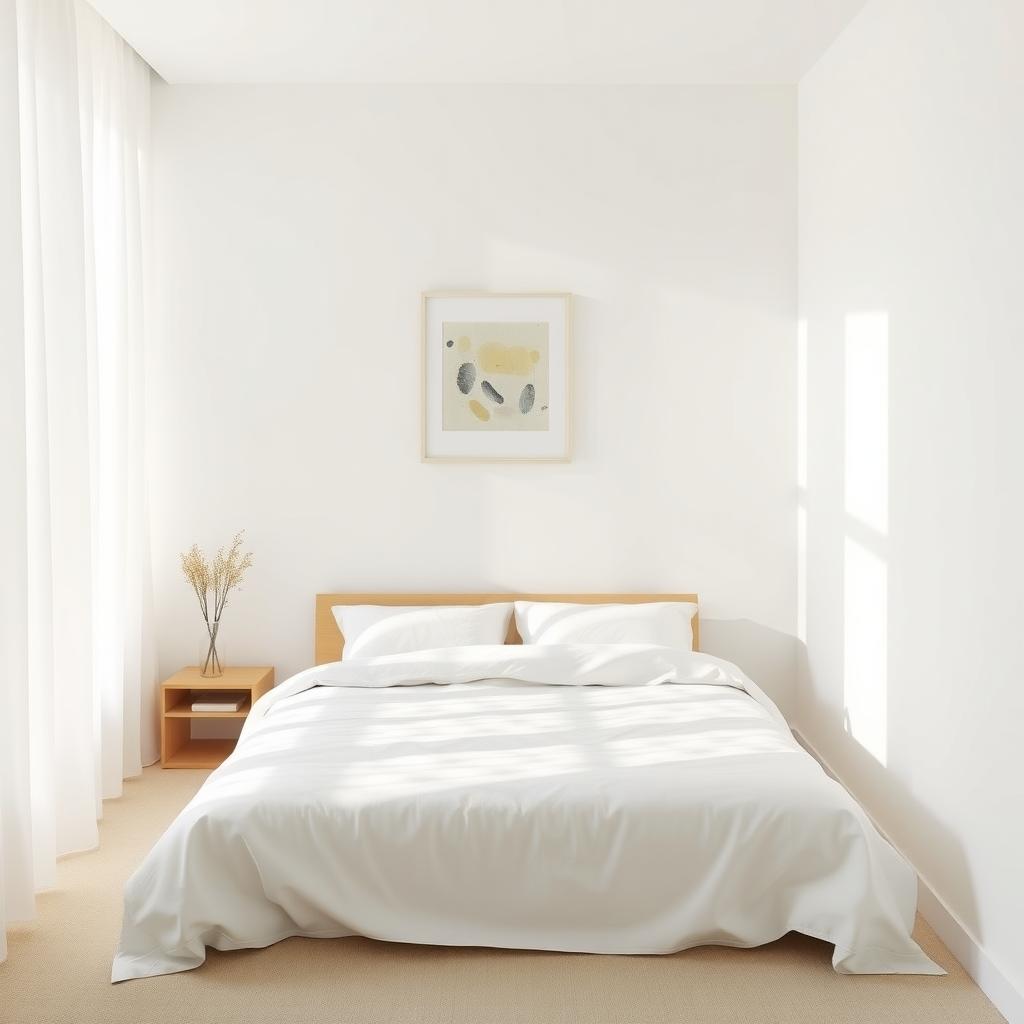 Ruhiges, minimalistisches Schlafzimmer mit einem einfachen Bett, weißer Bettwäsche und einem abstrakten Kunstwerk an der Wand.