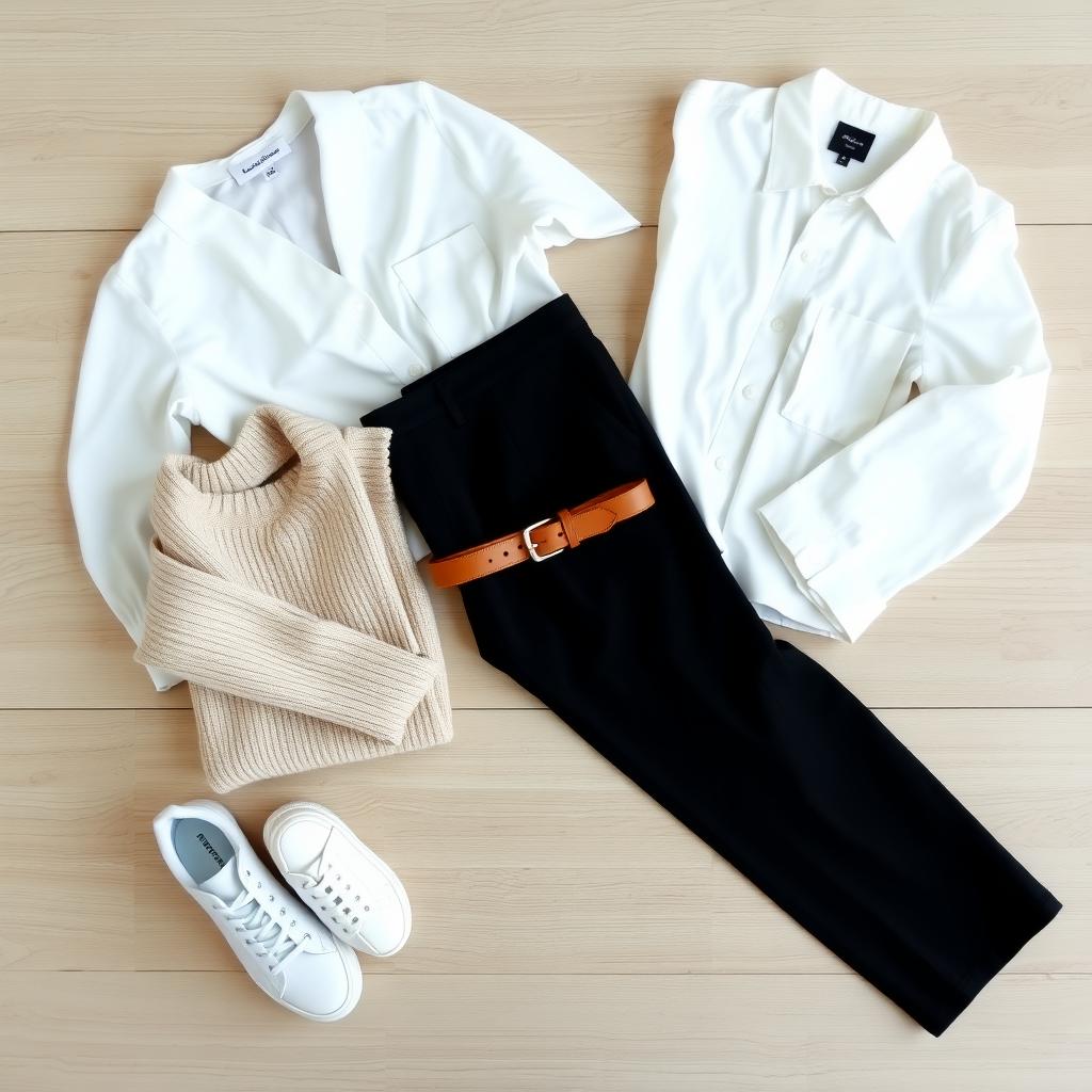 Eine flache Anordnung einer minimalistischen Capsule Wardrobe mit weißer Bluse, schwarzer Hose, beigem Pullover, weißen Sneakern und Ledergürtel.