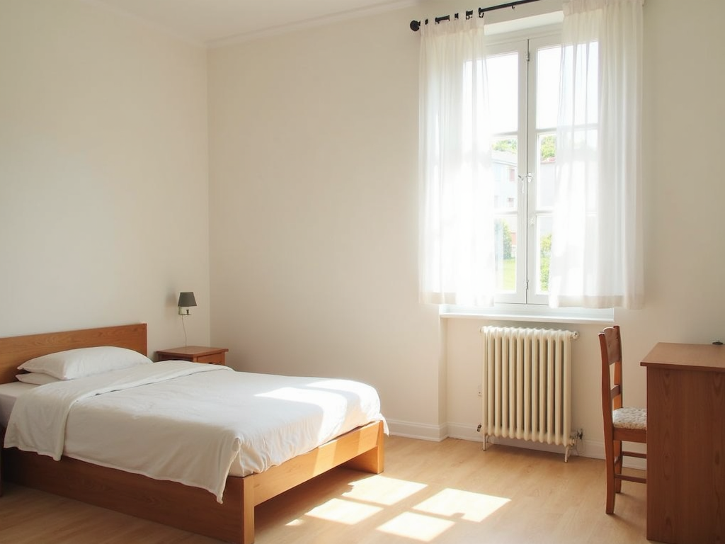Minimalistisches Schlafzimmer mit nur einem Bett, einem kleinen Tisch und einem Stuhl.