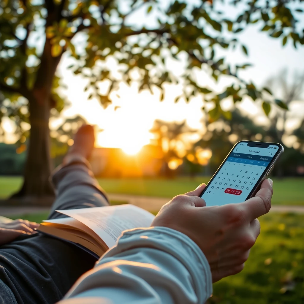 Person entspannt im Park mit Buch und abgeschlossenen Kalender – Symbol für Work-Life-Balance und nachhaltige Produktivität