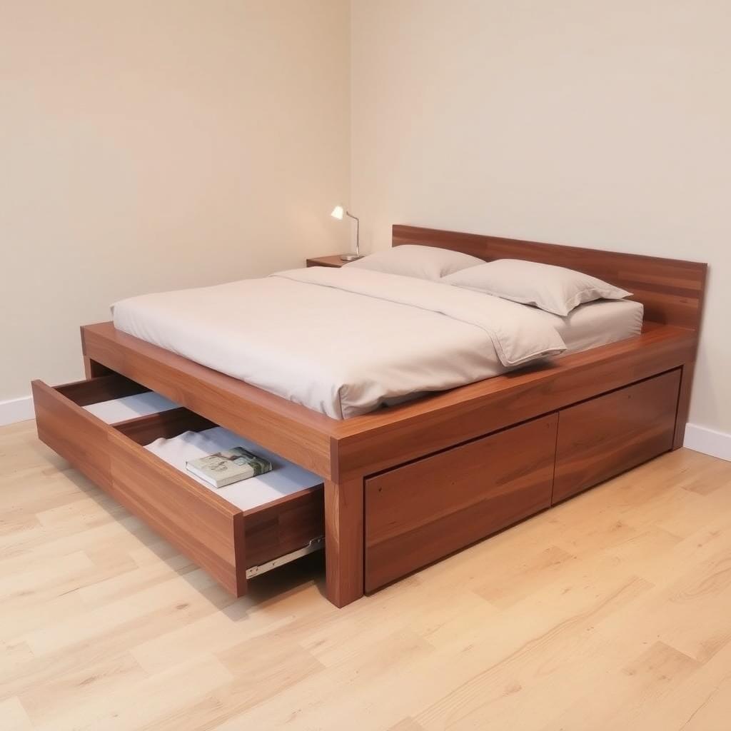 Ein minimalistisches Schlafzimmer mit einem Holzbett mit Stauraum, beiger Leinenbettwäsche und einem schlichten Nachttisch mit Lampe und Buch.