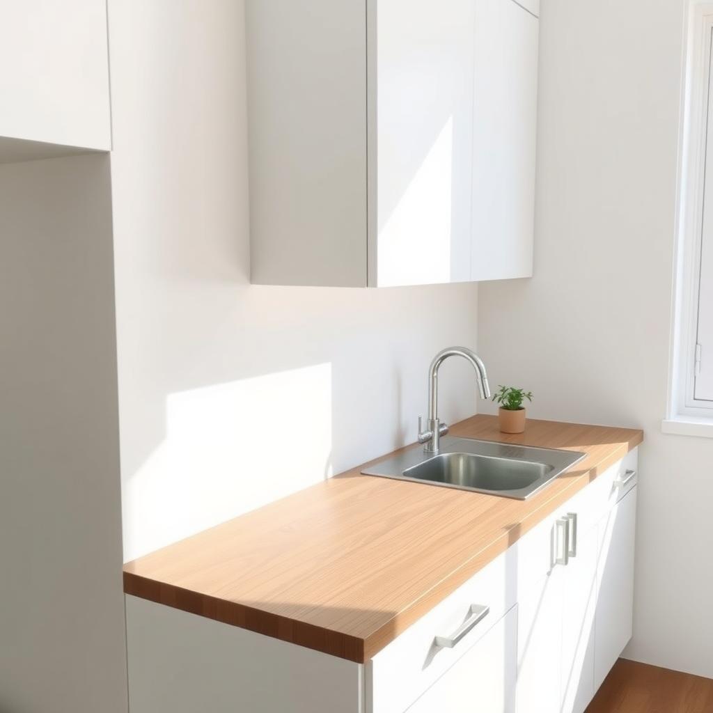 Eine minimalistische Küche mit weißen Schränken, einer Holz-Arbeitsplatte und wenigen, ordentlich arrangierten Gegenständen wie einem Schneidebrett und einer Kräuterpflanze.