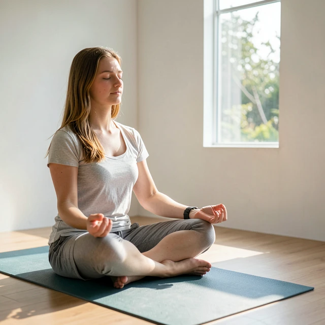 Person in meditativem Zustand in einem minimalistischen Raum
