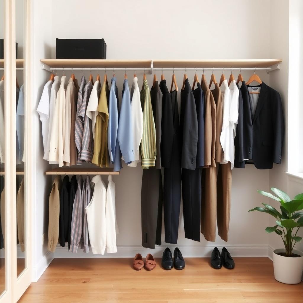 Ein ordentlich organisierter Kleiderschrank mit hochwertiger Kleidung in neutralen Farben, auf Holzbügeln in einem minimalistischen, lichtdurchfluteten Raum.