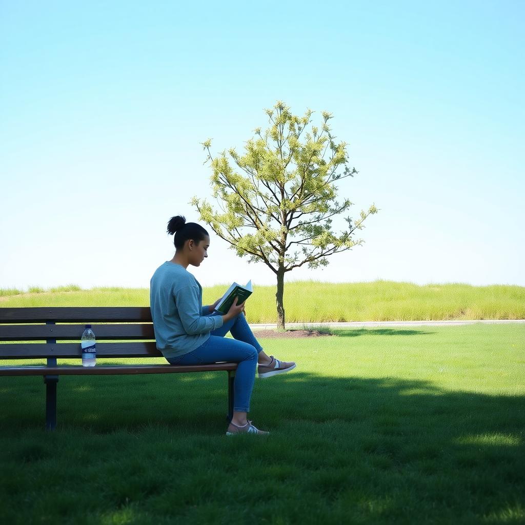 Eine Person sitzt auf einer Holzbank in einem minimalistischen Park, liest ein Buch und hat eine wiederverwendbare Wasserflasche neben sich, unter einem klaren blauen Himmel.