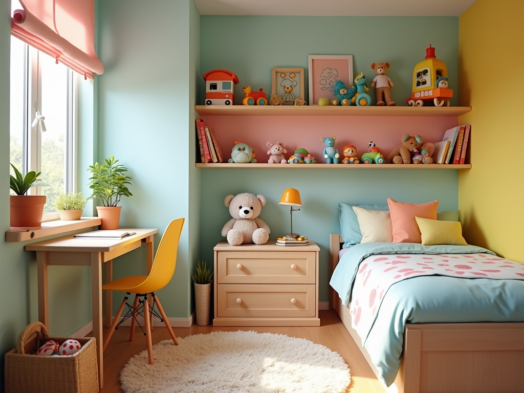 Ein Kinderzimmer mit einem ordentlichen Spielzeugregal und einigen Lieblingsspielzeugen. Das Zimmer wirkt organisiert und aufgeräumt.