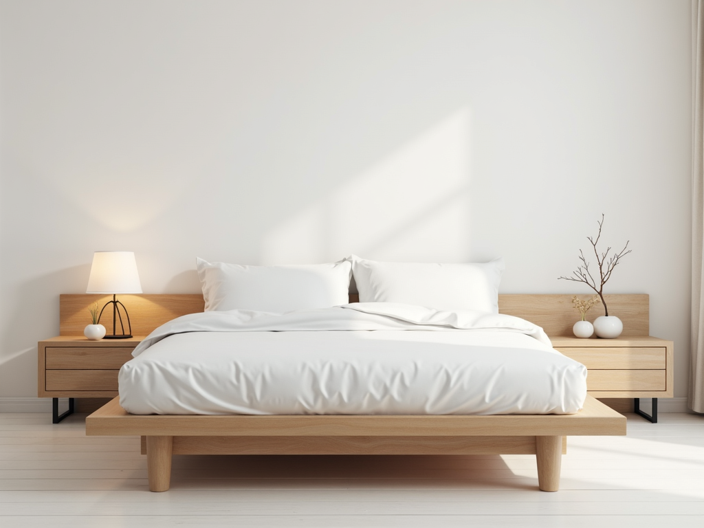 Ein minimalistisches Schlafzimmer mit einem niedrigen Holzbett, weißer Bettwäsche und einem Nachttisch mit Lampe.