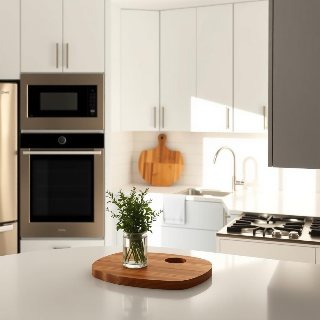 Minimalistische Küche mit weißen Schränken, Holzschneidebrett und frischen Kräutern