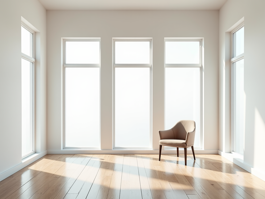 Ein heller minimalistischer Raum mit großen Fenstern und einfachem Design.