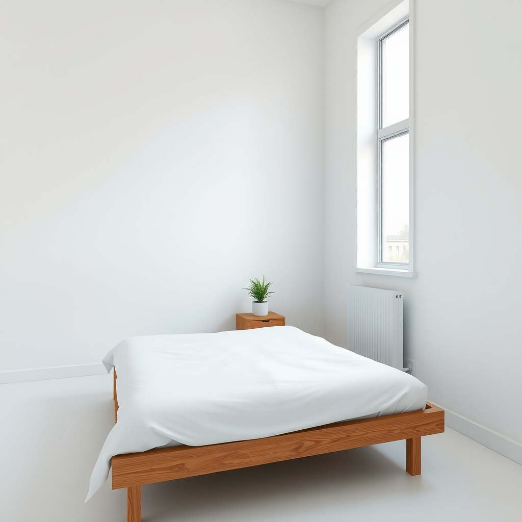 Ein minimalistisches Zimmer mit wenigen Möbeln und viel natürlichem Licht