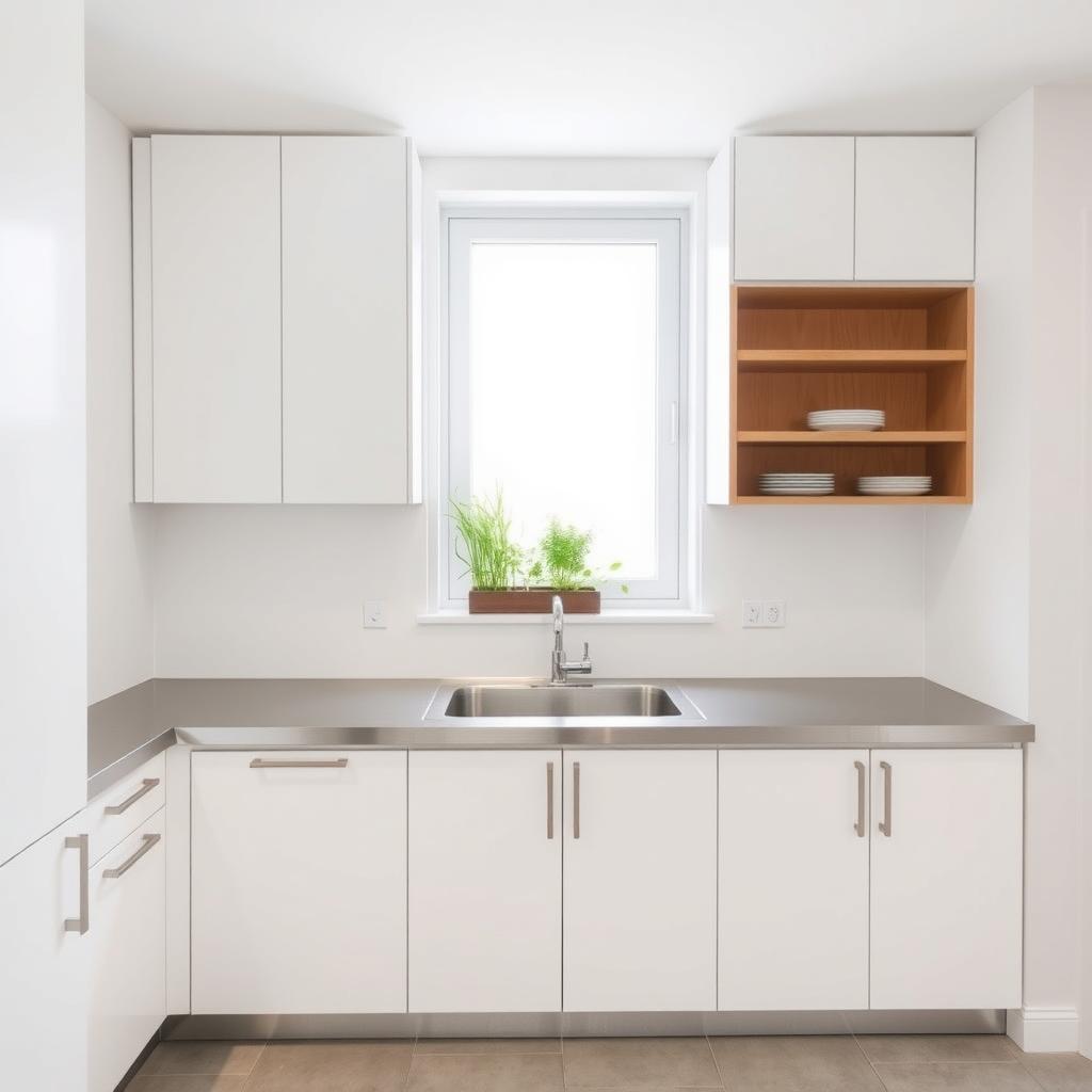 Minimalistische Küche mit weißen Schränken und Kräutergarten