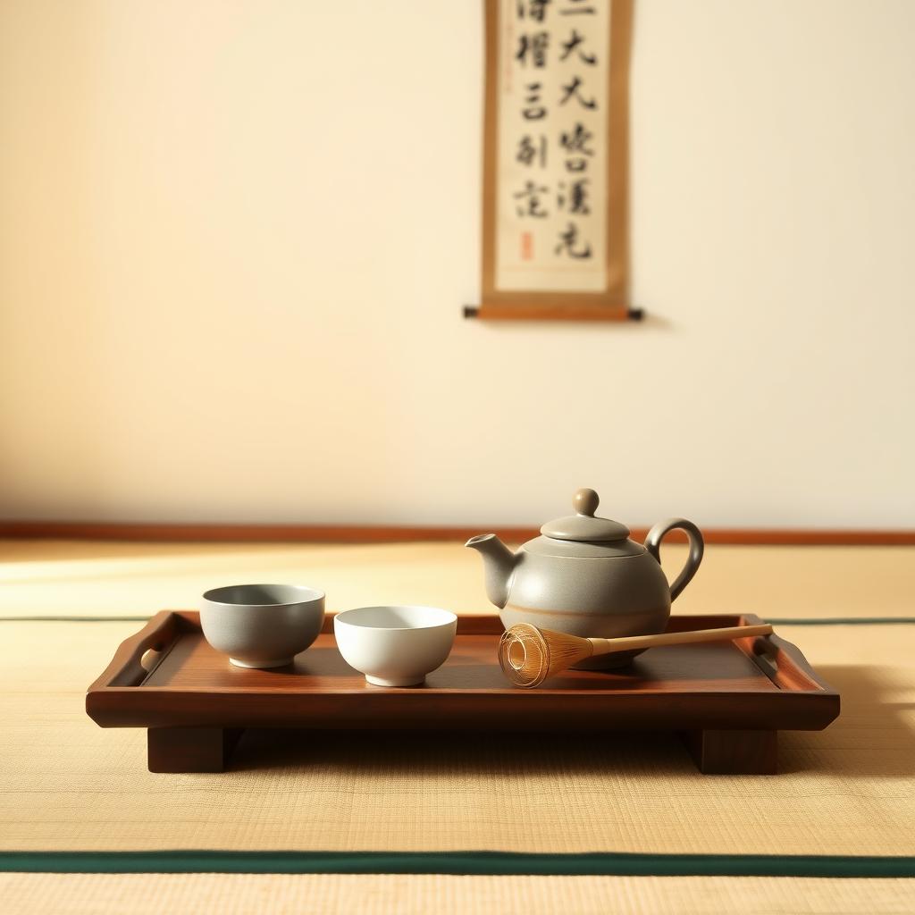 Ein minimalistisches Setup für eine japanische Teezeremonie mit einer Keramik-Teekanne, zwei Tassen und einem Bambus-Schneebesen.