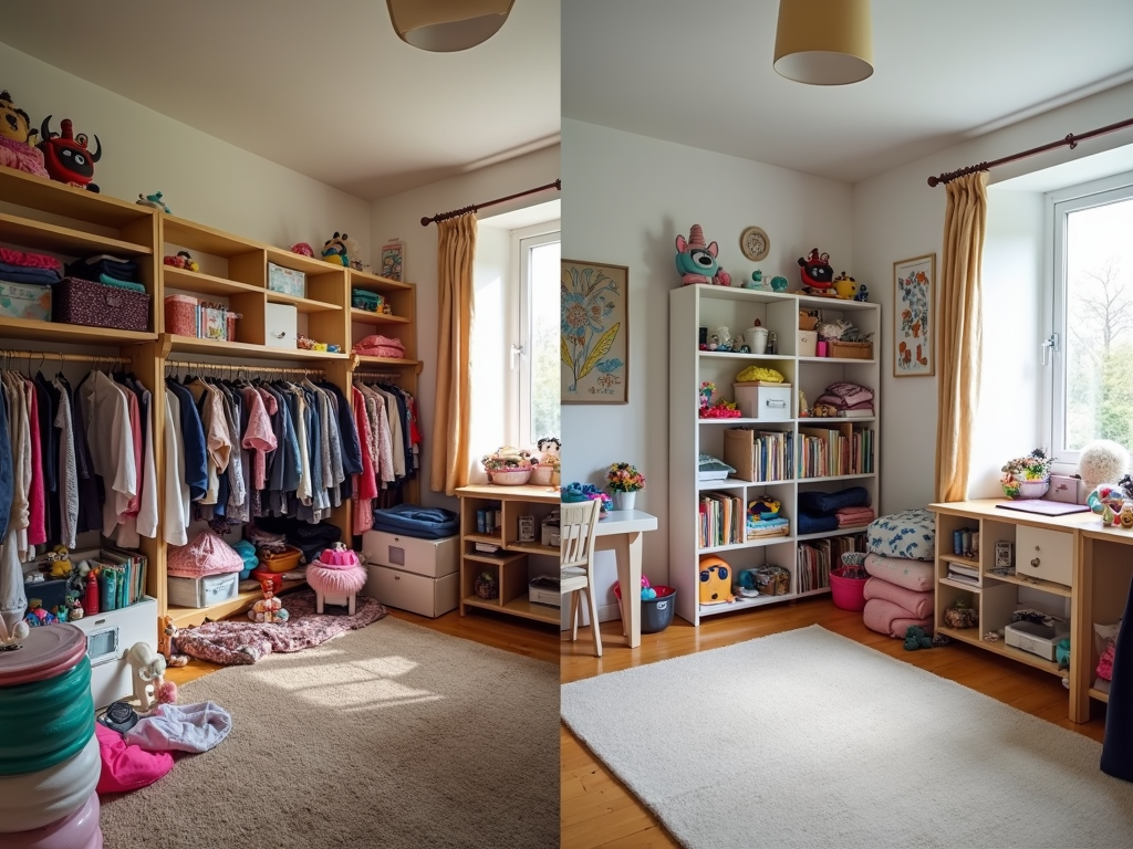 Vorher-Nachher: Unordentliches vs. aufgeräumtes Kinderzimmer.