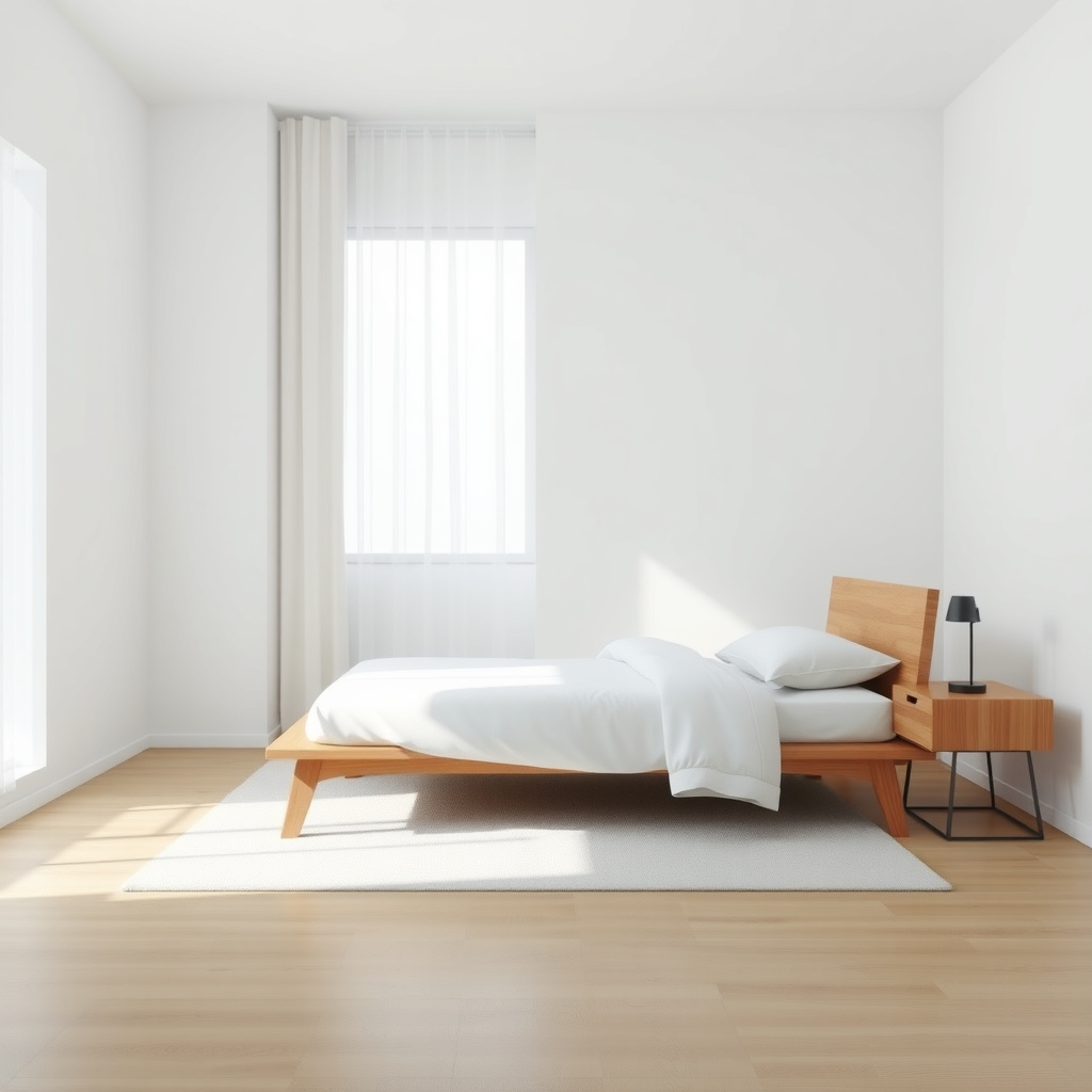 Minimalistisches Schlafzimmer mit einfachem Bett und natürlichen Materialien