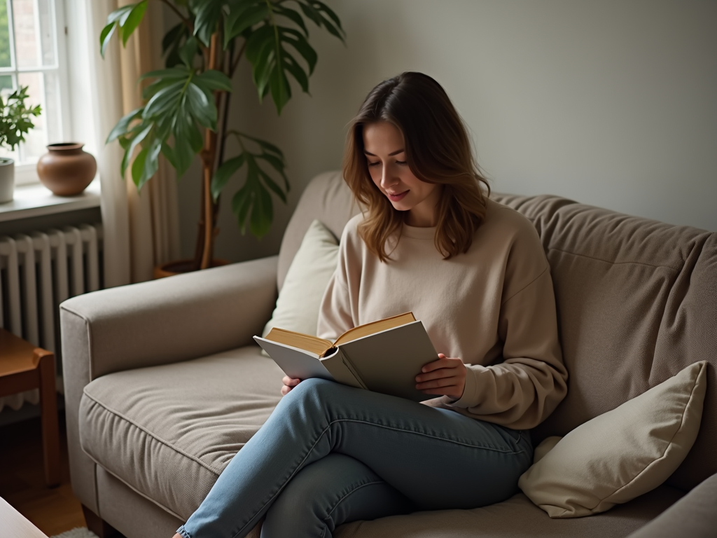 Eine Person liest ein Minimalismus Buch in einem aufgeräumten Wohnzimmer