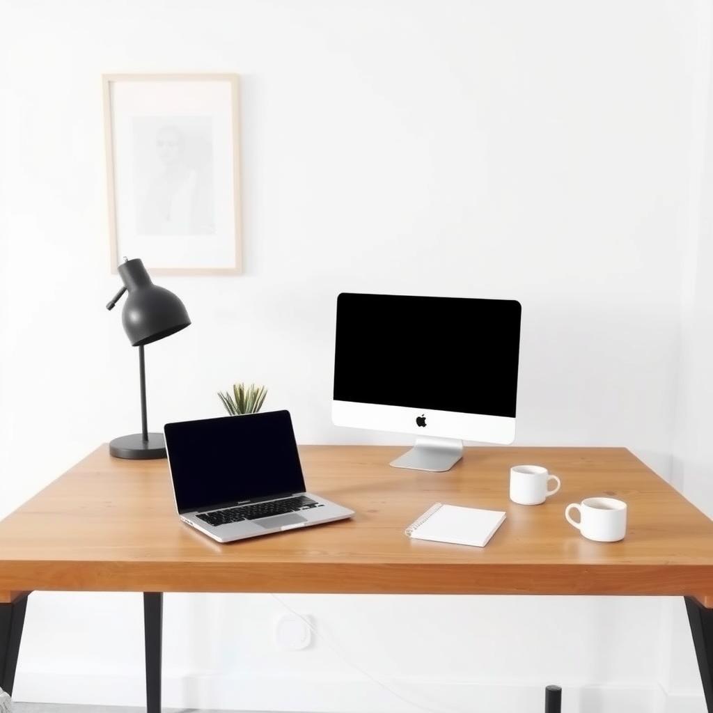 Ein minimalistischer Arbeitsplatz mit einem schlichten Holztisch, einem Laptop, einem kleinen Notizbuch und einer Tasse Kaffee, vor einer sauberen weißen Wand mit einem einfachen gerahmten Druck.