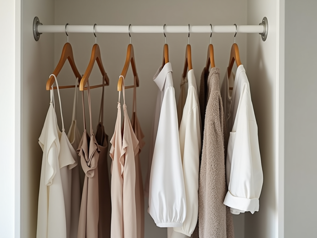 Ein minimalistischer Kleiderschrank mit ordentlich organisierten Kleidungsstücken in neutralen Farben.