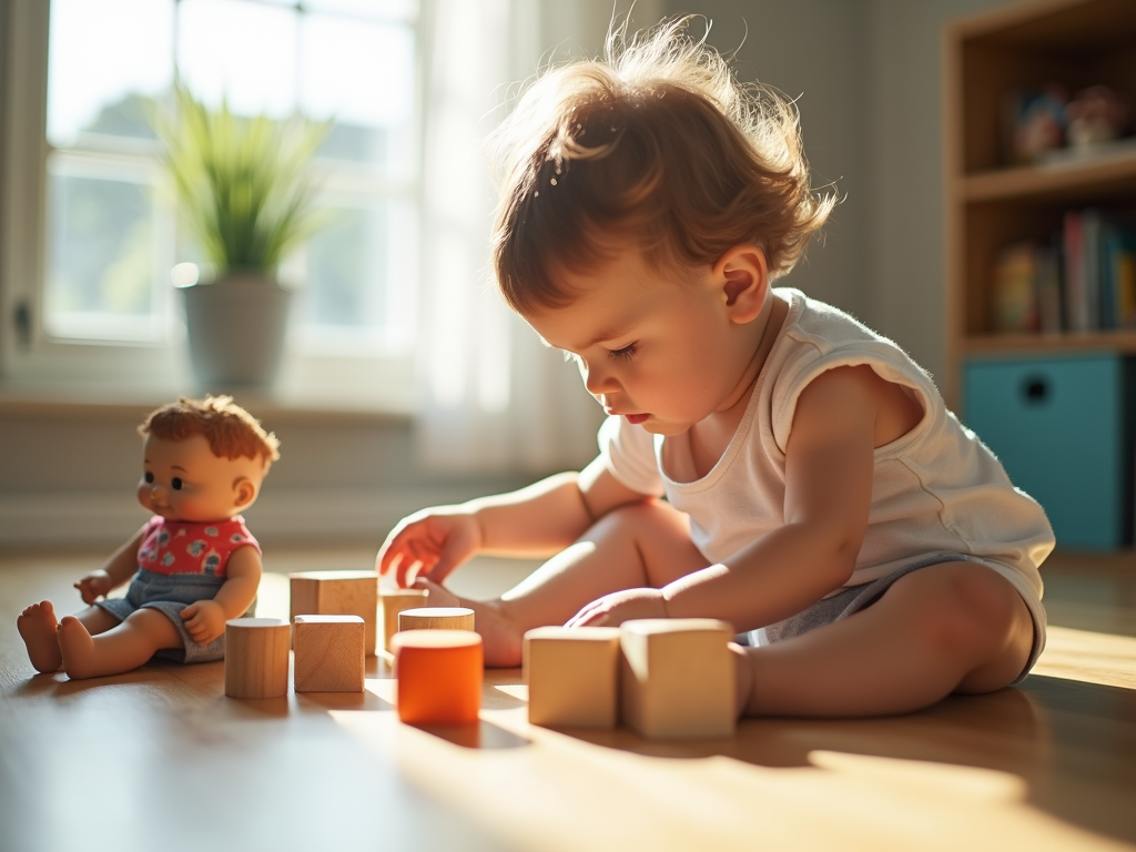 Ein Kind spielt kreativ mit wenigen, einfachen Spielsachen in einem sonnigen Zimmer.