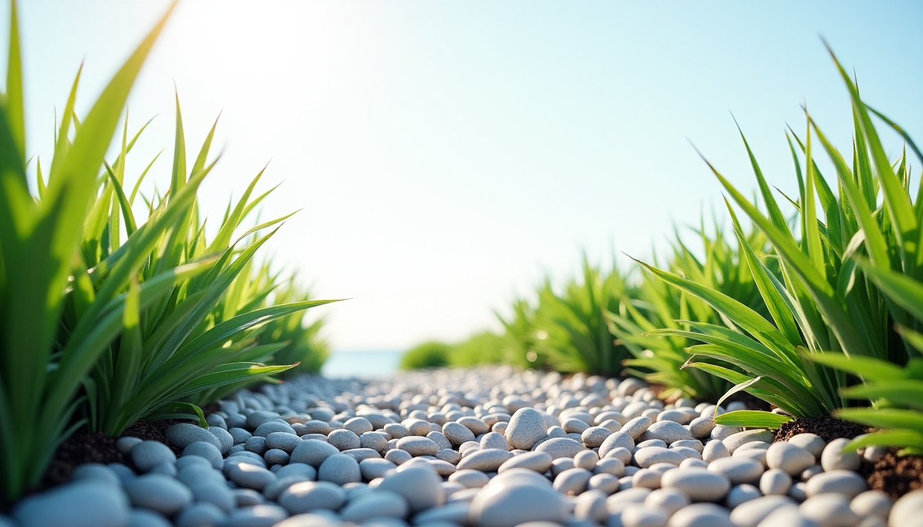 Ein einfacher, minimalistischer Garten mit Kies, sauber angeordneten Pflanzen und einem hellen Himmel im Hintergrund.