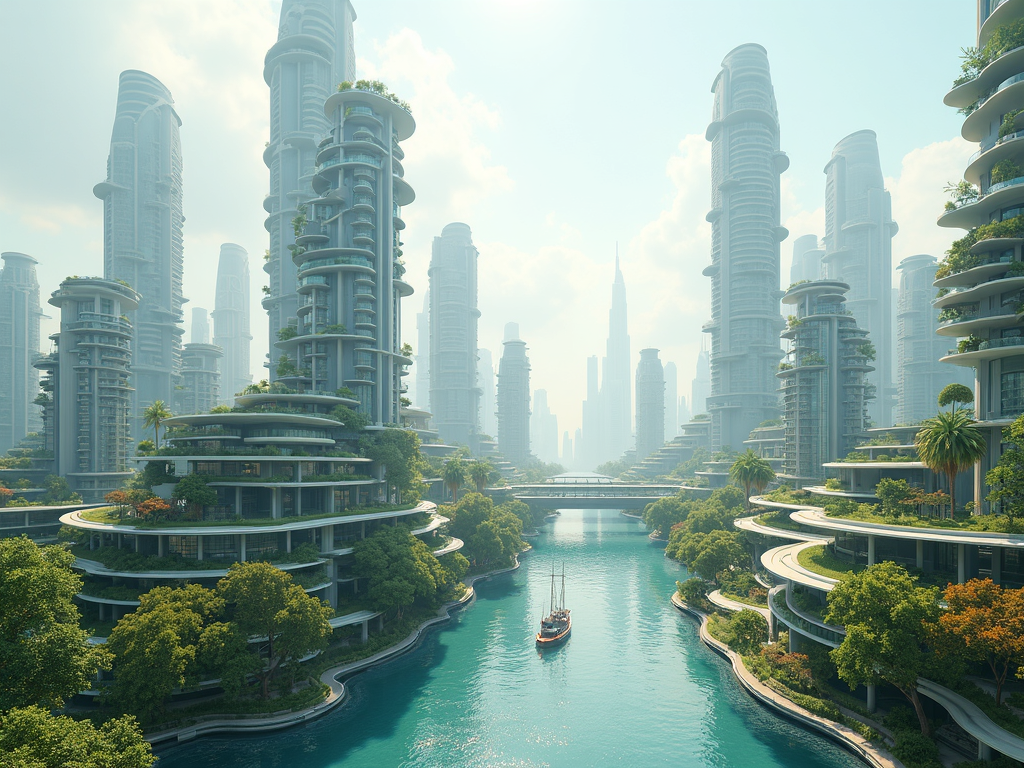 Eine konzeptionelle Darstellung einer zukünftigen Stadt mit nachhaltigen und technologisch fortschrittlichen Gebäuden.