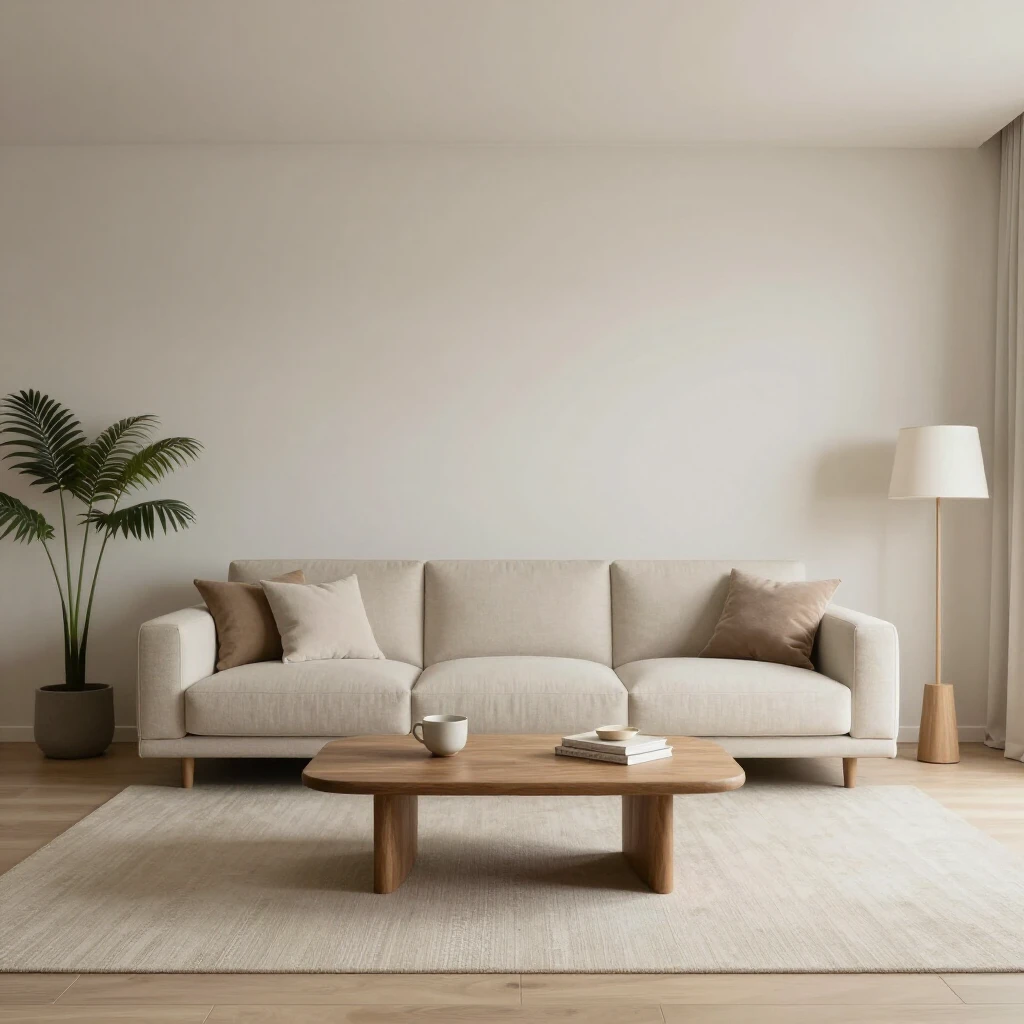 Ein ruhiges, minimalistisches Wohnzimmer mit neutralen Farben, wenigen Möbelstücken, gemütlicher und friedlicher Atmosphäre