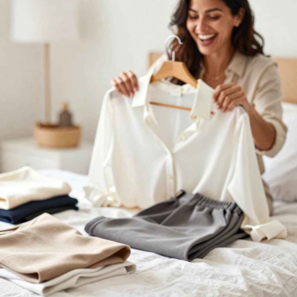 Frau erstellt Outfits aus ihrer minimalistischen Capsule Wardrobe