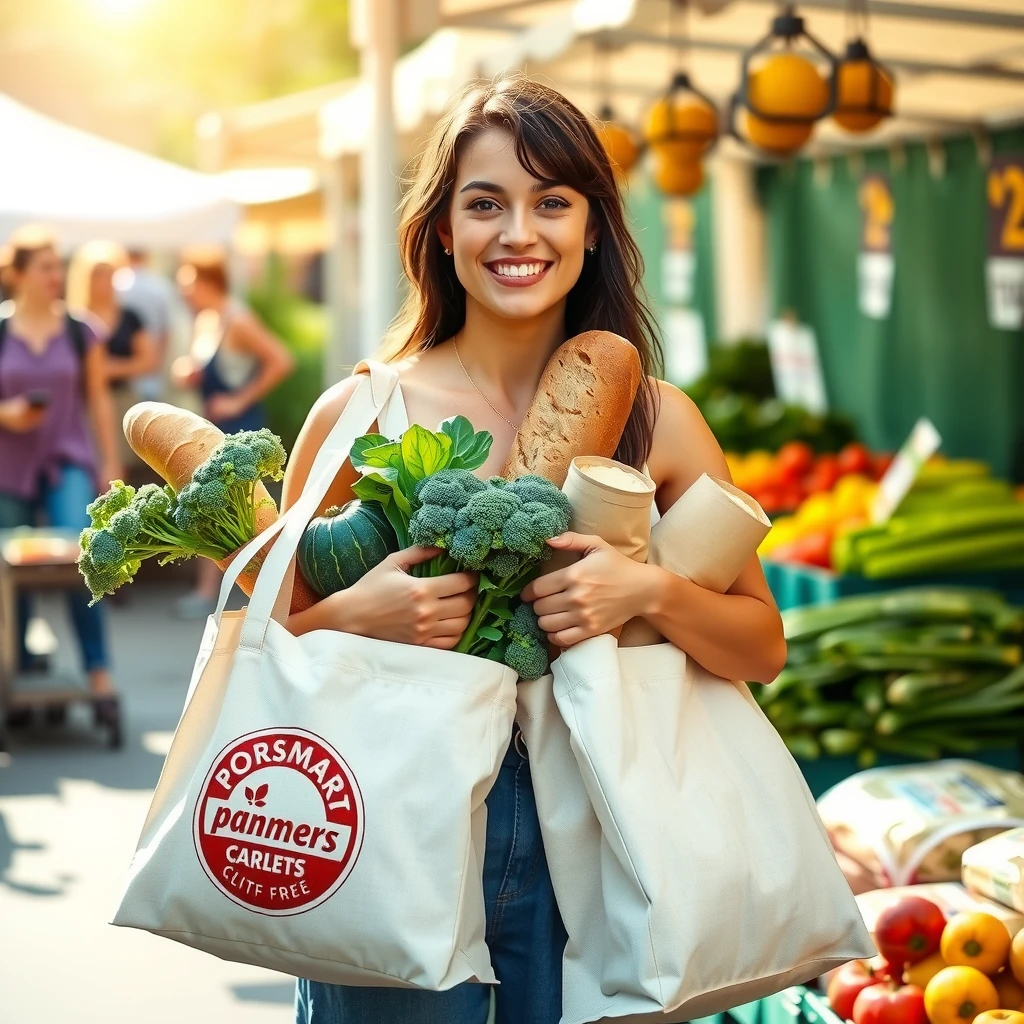 Nachhaltiges Einkaufen auf dem Wochenmarkt mit wiederverwendbaren Taschen