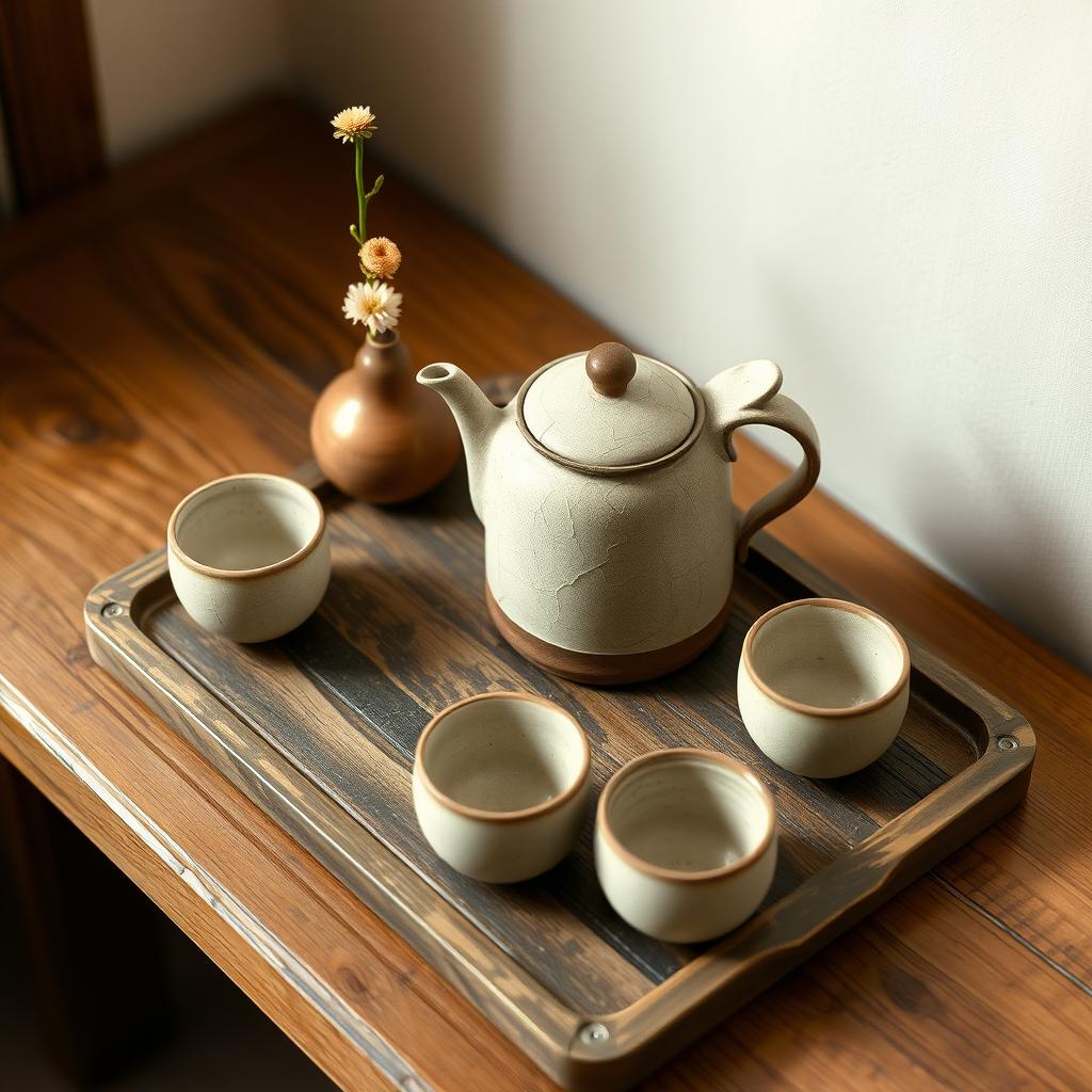 Ein rustikales japanisches Teeset mit einer gesprungenen Keramik-Teekanne und Tassen auf einem verwitterten Holztablett, arrangiert in einer gemütlichen Ecke mit einer einzelnen Blume in einer schlichten Vase.