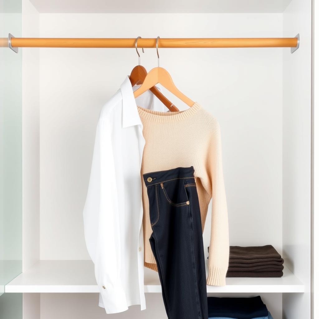 Ein minimalistischer Kleiderschrank mit hochwertiger Kleidung auf Holzbügeln, ordentlich arrangiert vor einer weißen Wand.