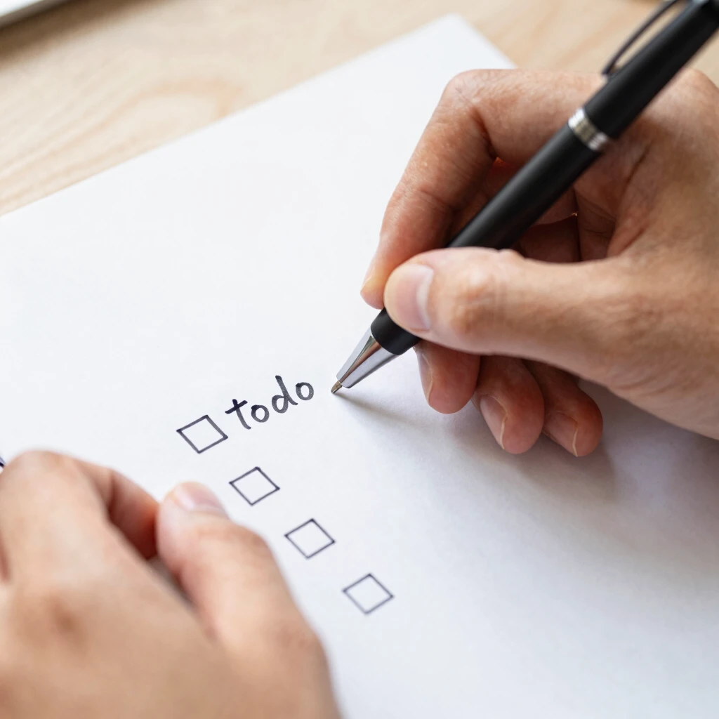 Nahaufnahme einer Person, die Aufgaben auf einer To-do-Liste abhakt – Gefühl von Er accomplishment und effizientem Zeitmanagement