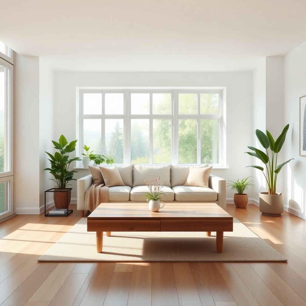 Minimalistisches Wohnzimmer mit natürlichem Licht und wenigen Möbeln